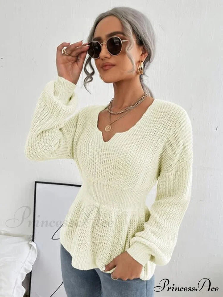 Notched Dropped Shoulder Knit Long Sleeve Top Ivory clothes long sleeve shirts long sleeve top long sleeve tops Ship From Overseas shirt shirts short sleeve shirt top tops X.W