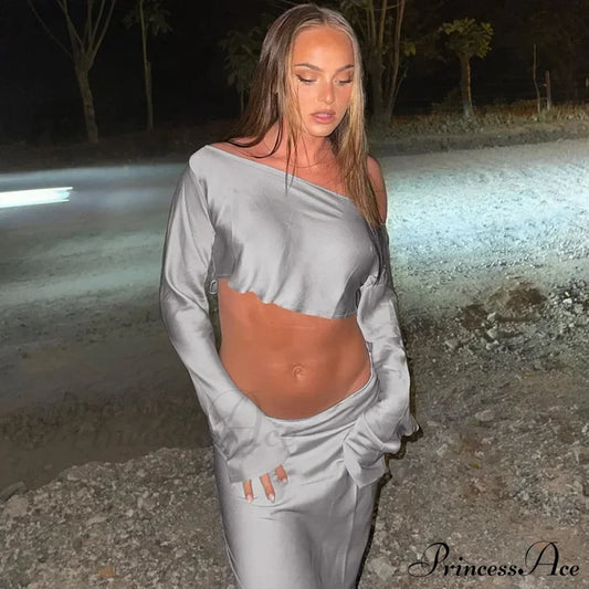 Shoulder Long Sleeve Maxi Dress Grey / S