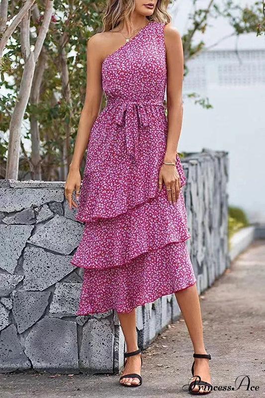 Shoulder One With Trim Gown Green Ruffle Print S / One Shoulder Print Maxi Dress