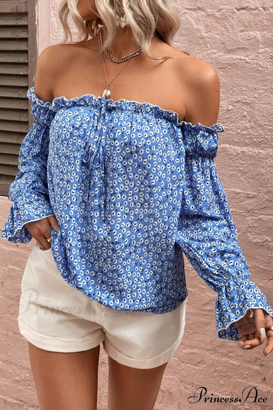 Off Shoulder Printed Frill Trim Blouse Cobalt Blue clothes Hanny long sleeve long sleeve shirts long sleeve top Ship From Overseas Shipping Delay 09/29/2023 - 10/04/2023 top tops trend