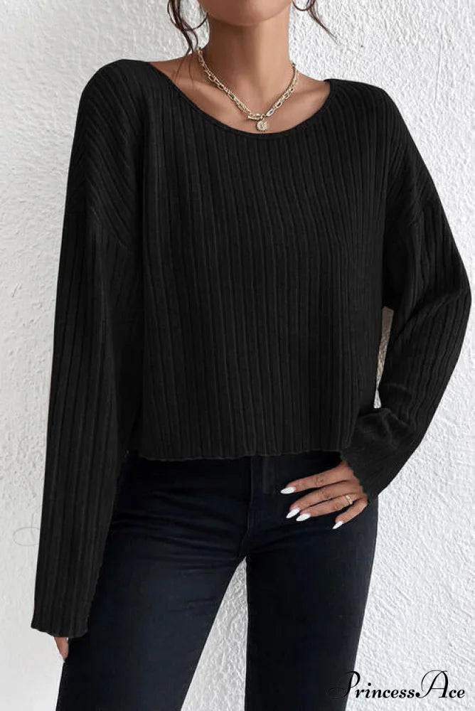 Ribbed Round Neck Drop Shoulder Long Sleeve Top Black clothes long sleeve shirt long sleeve shirts long sleeve top long sleeve tops Ship From Overseas shirt shirts Sweater sweaters SYNZ top tops