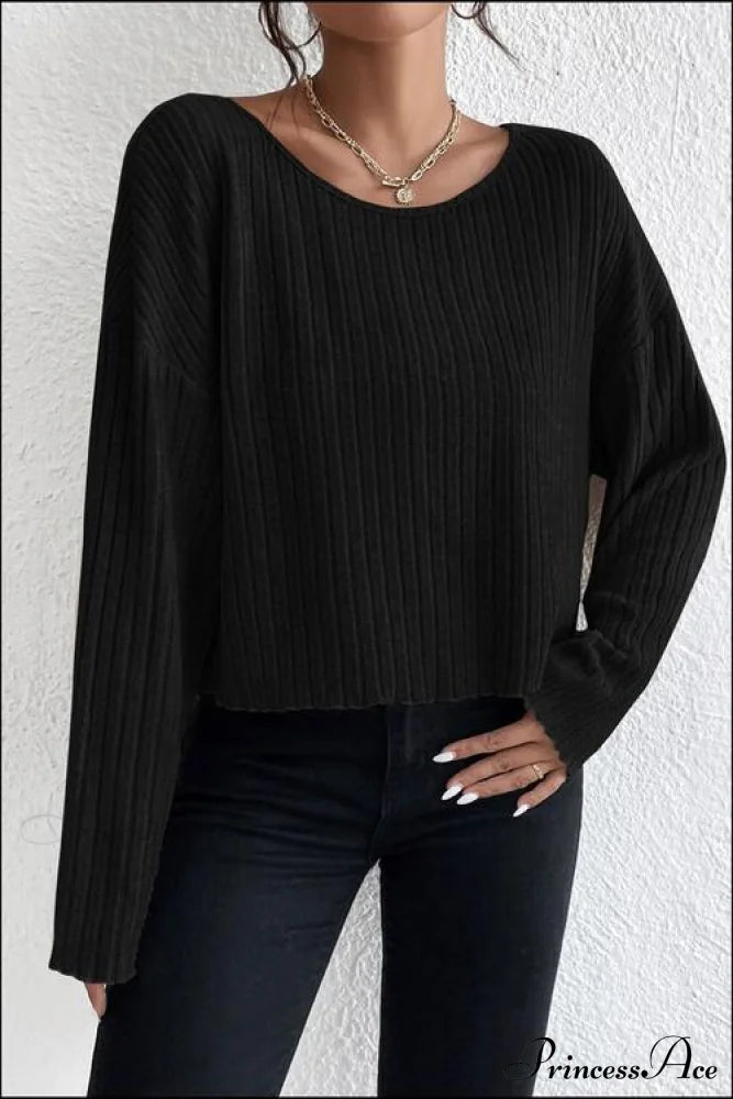 Shoulder Round Ribbed Neck Arm Long Drop Shirt Sweaters-L