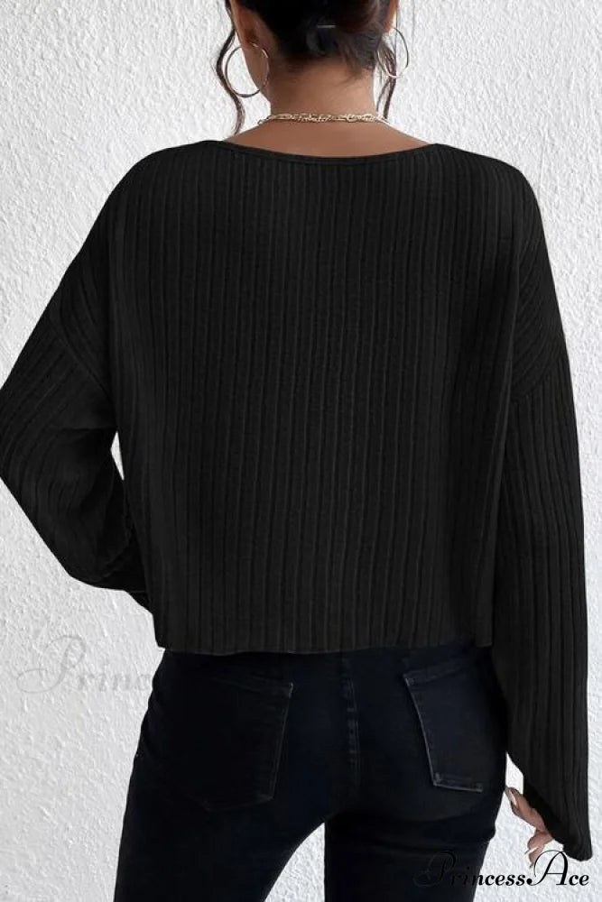 Shoulder Round Ribbed Neck Arm Long Drop Shirt Sweaters-L