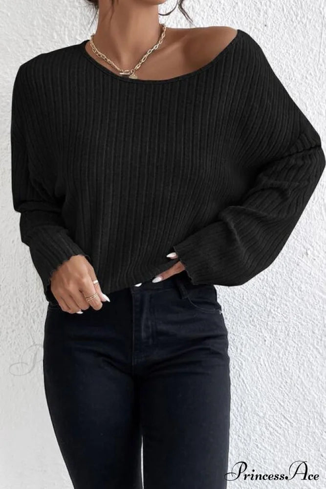 Shoulder Round Ribbed Neck Arm Long Drop Shirt Sweaters-L