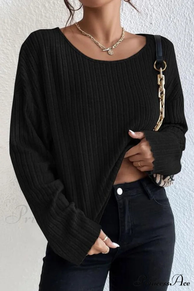 Shoulder Round Ribbed Neck Arm Long Drop Shirt Sweaters-L