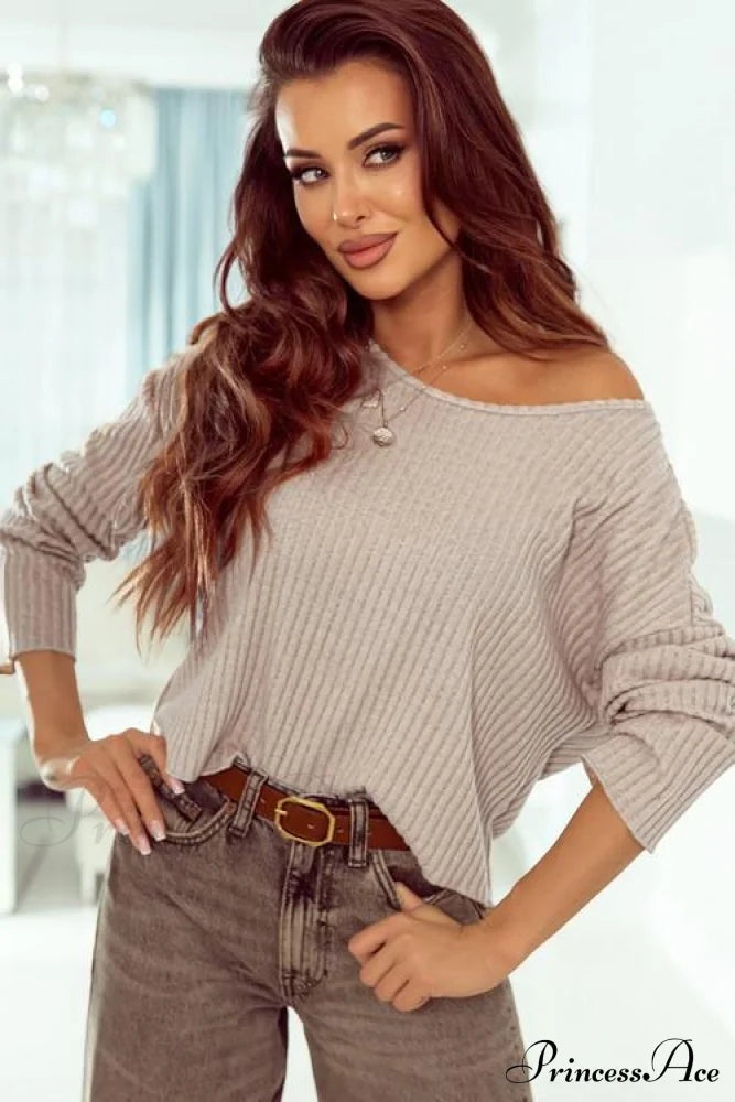 Shoulder Round Ribbed Neck Arm Long Drop Shirt Sweaters-L