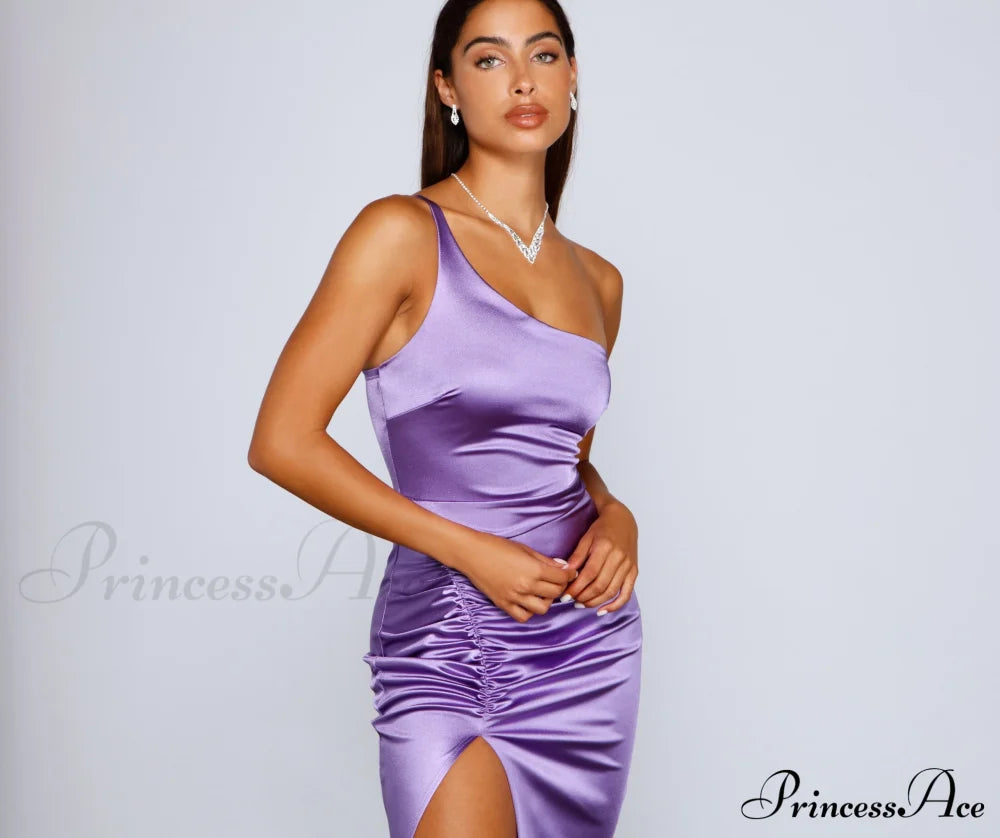 Show Up Satin Charming One Shoulder Midi Dress Club Dresses