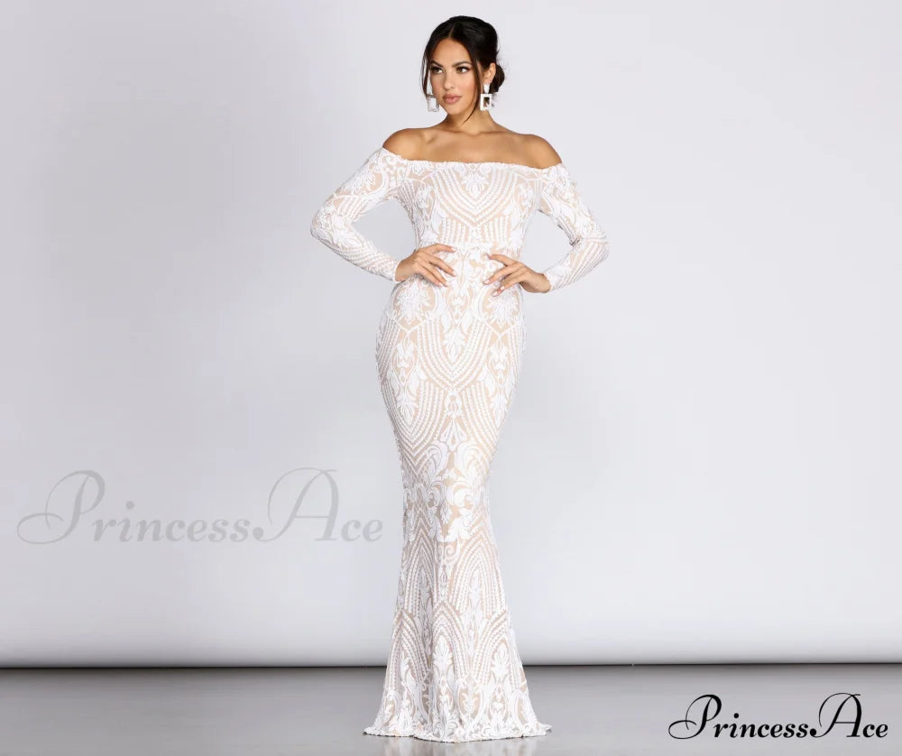 Sierra Sequin Off Charming The Shoulder Formal Dress White / Xs S.o. Long Dresses