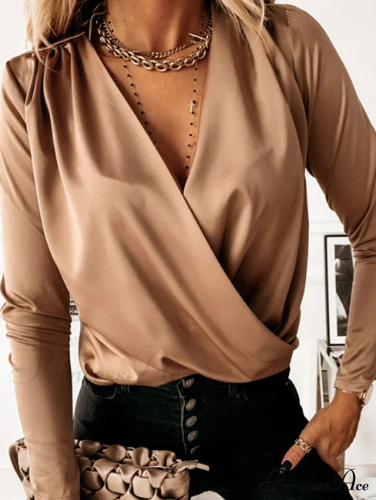 Silk Blouse By Peige Khaki / S Tops & Blouses