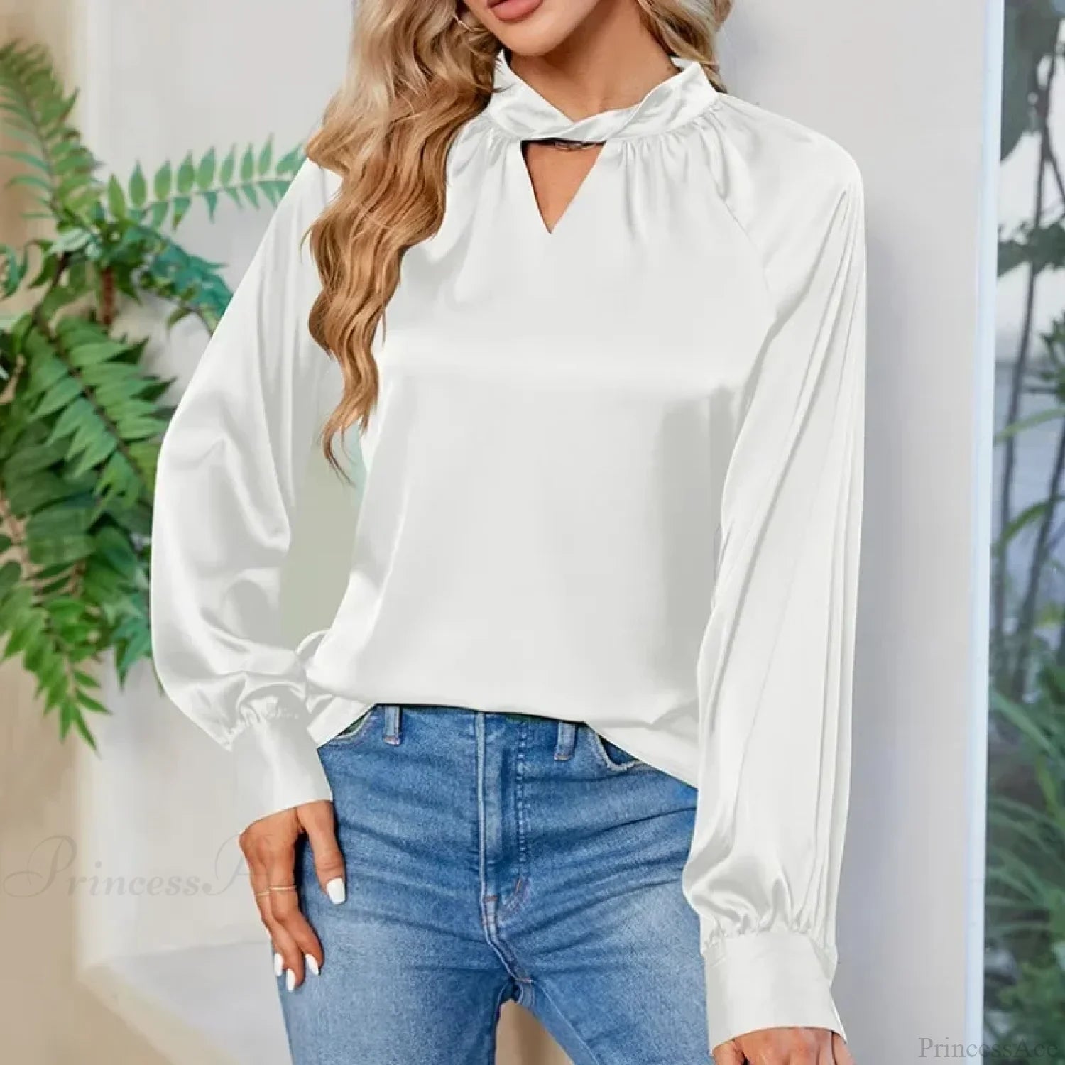 Silk Y2K White V-neck Long Sleeve Blouse blouse-250126
