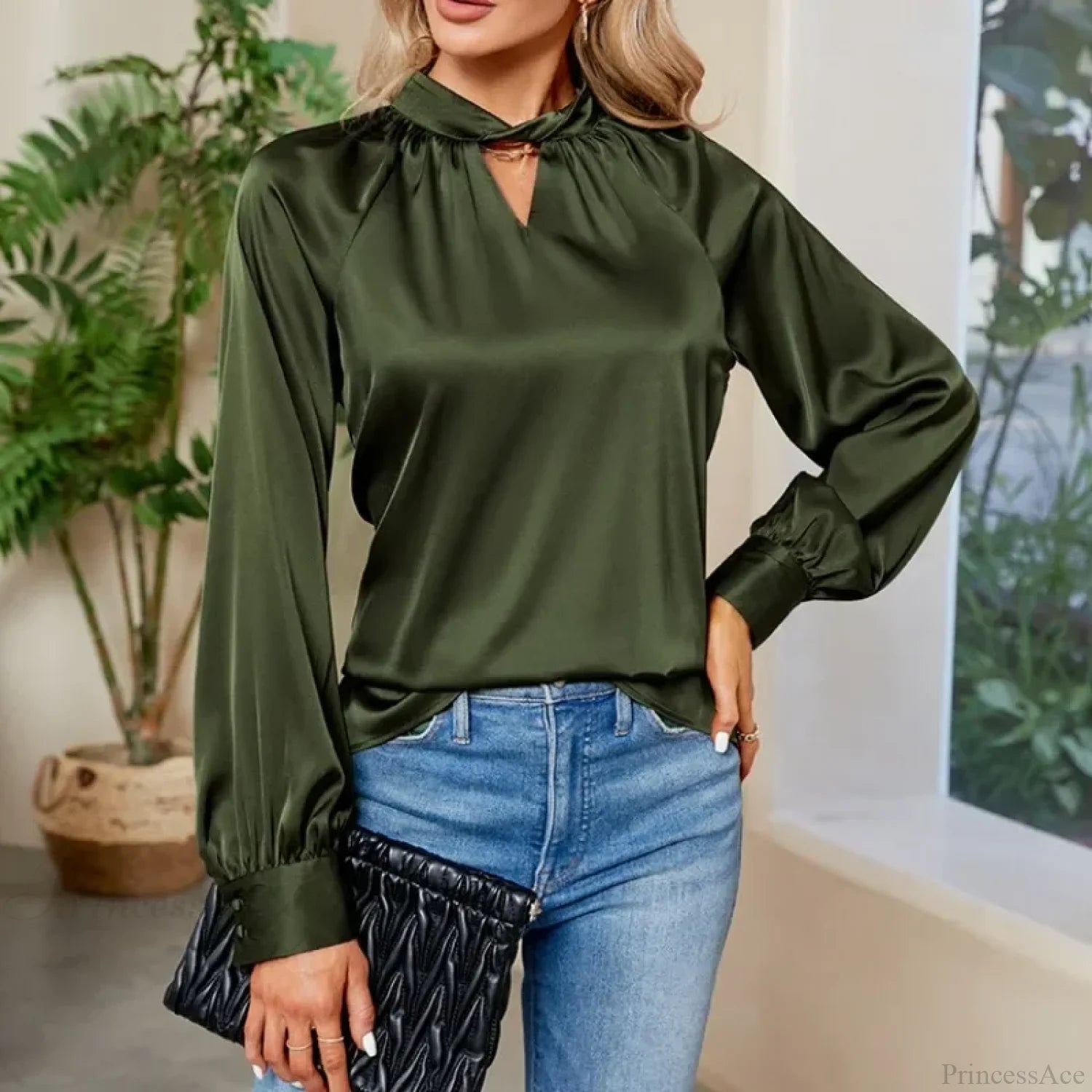 Silk Y2K White V-neck Long Sleeve Blouse army green / S blouse-250126