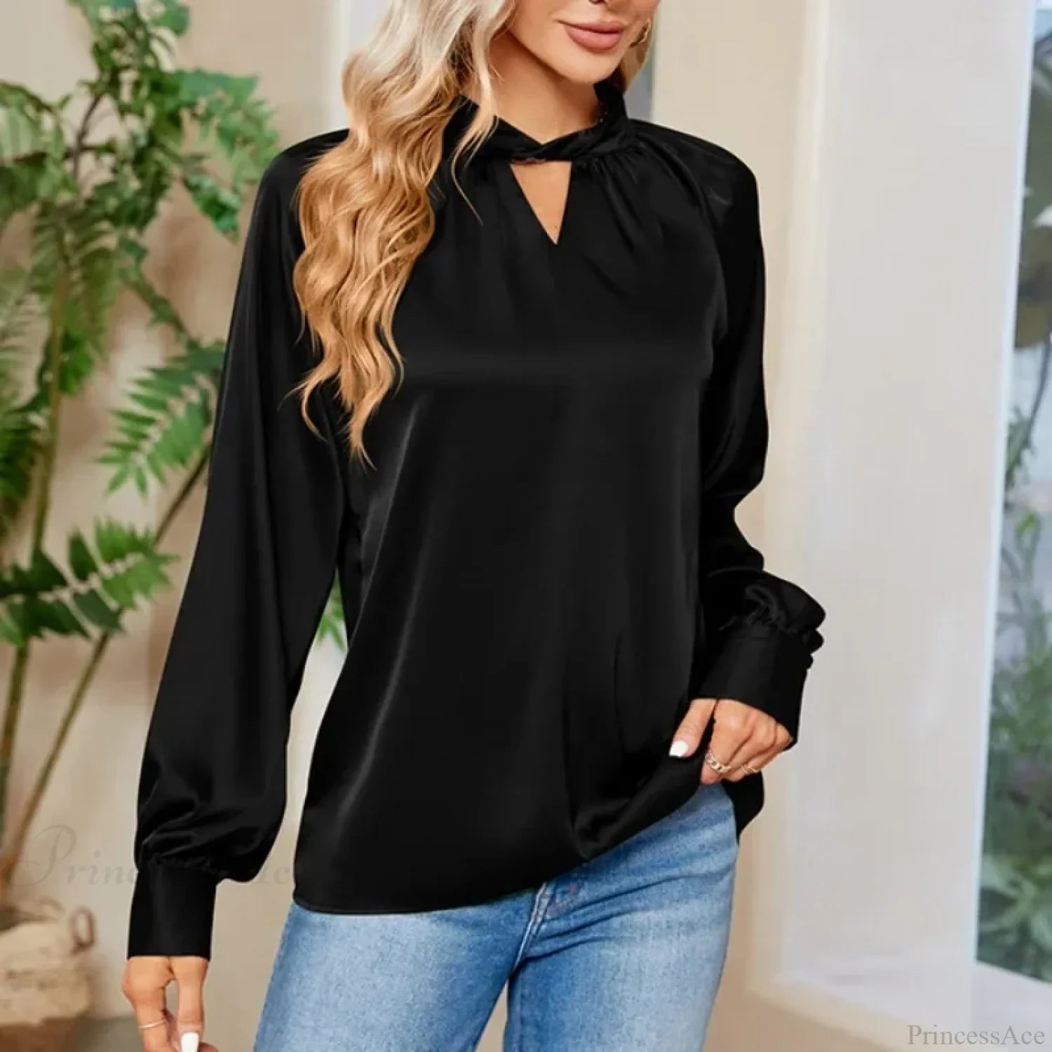 Silk Y2K White V-neck Long Sleeve Blouse Black / S blouse-250126