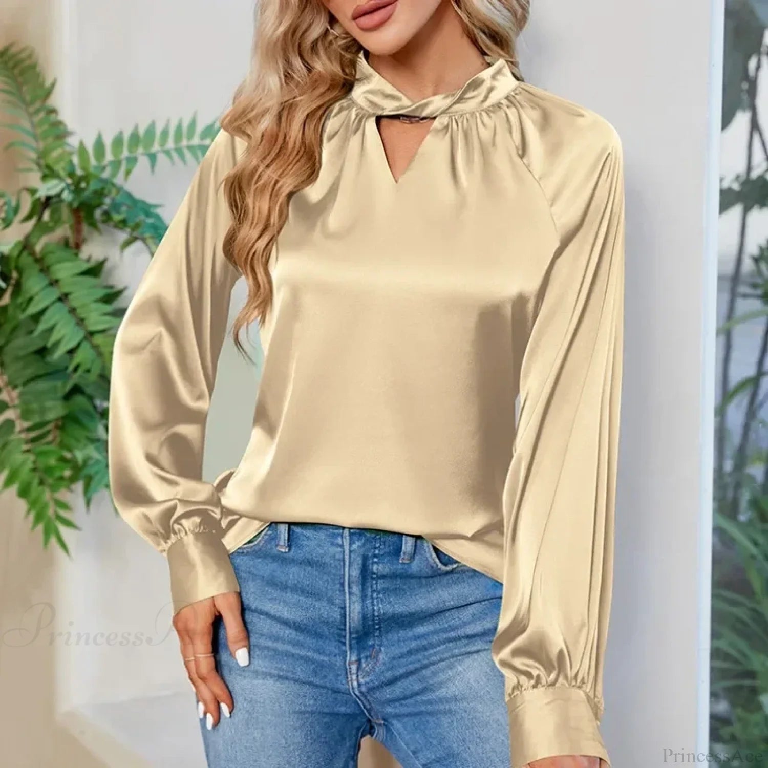 Silk Y2K White V-neck Long Sleeve Blouse Champagne / S blouse-250126