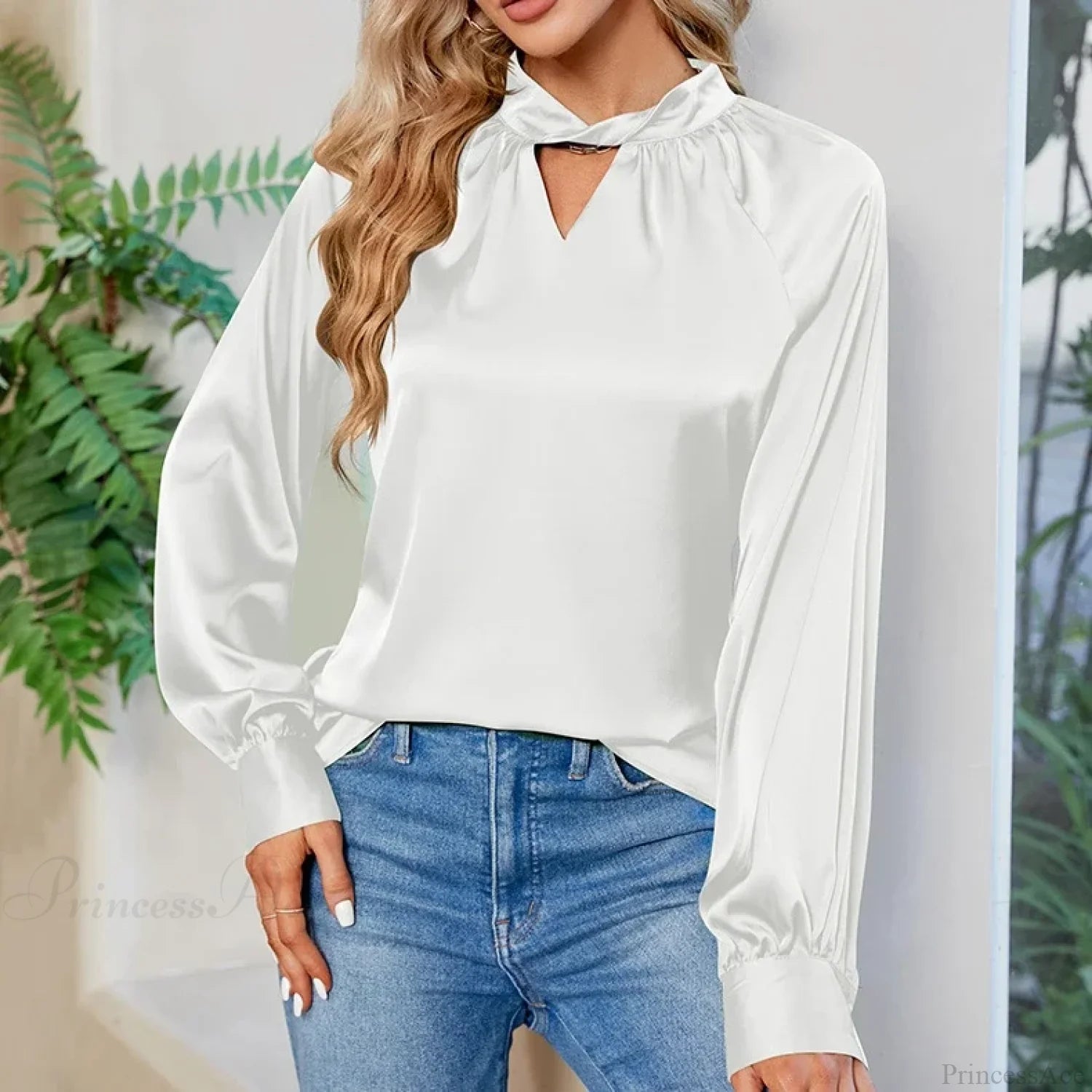 Silk Y2K White V-neck Long Sleeve Blouse WHITE / S blouse-250126