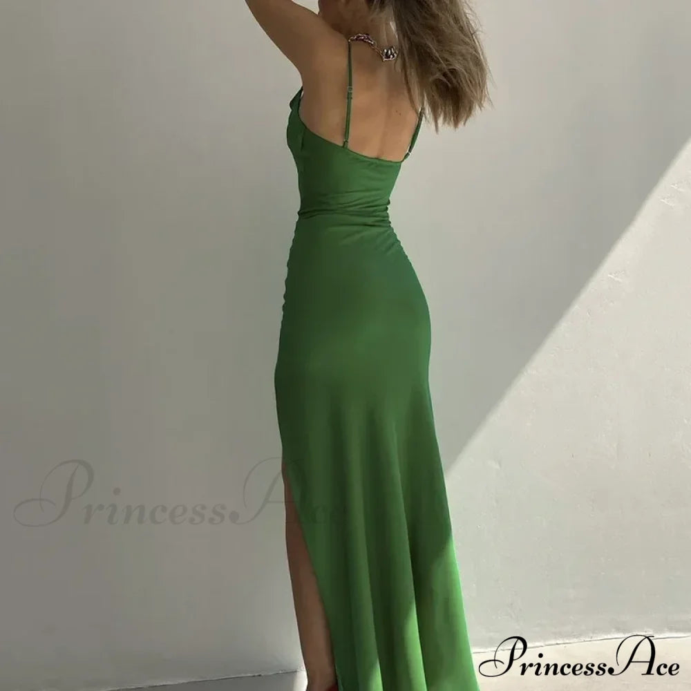 Silky Satin Backless Slit Straps Club Party Long Midi Dress