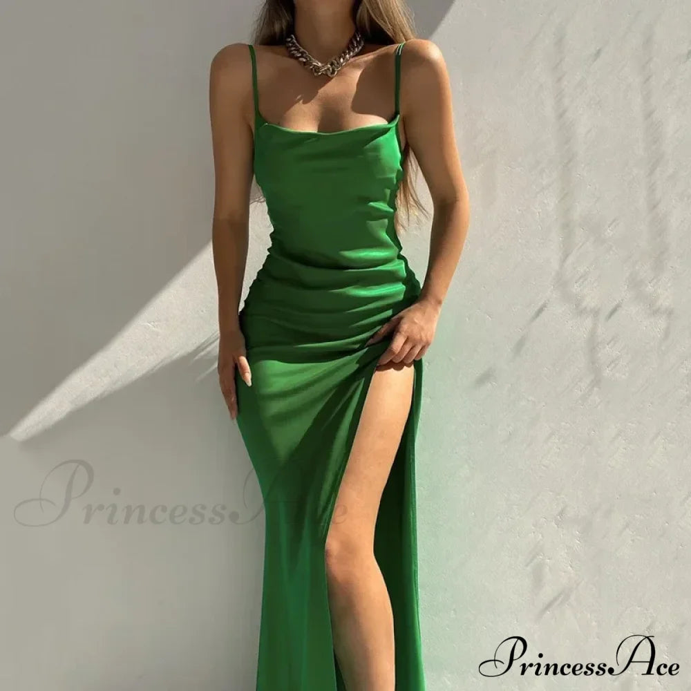 Silky Satin Backless Slit Straps Club Party Long Midi Dress Green / S