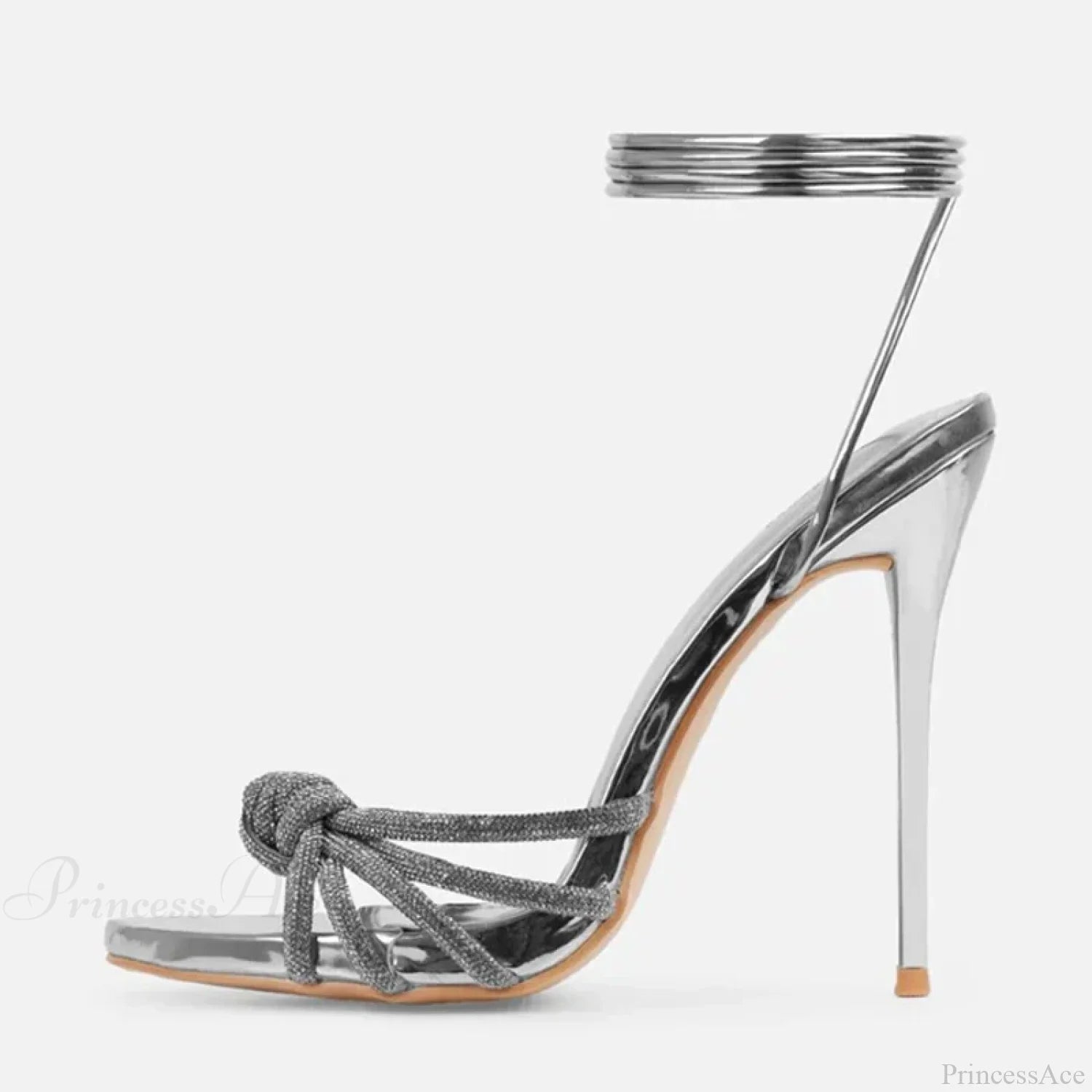 Silver Crystal Narrow-Band Sandals Summer Party Wedding Prom Open-Toe High Heels Women Heel