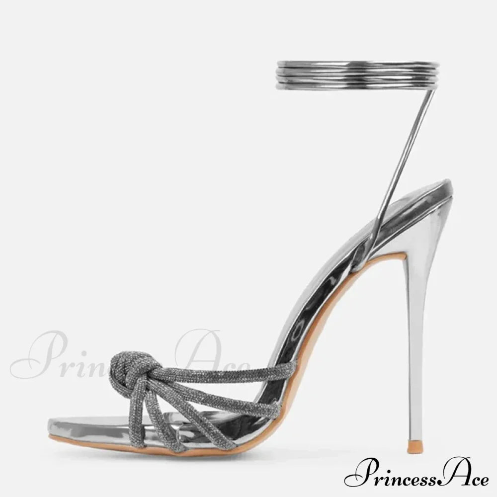 Silver Crystal Narrow-Band Sandals Summer Party Wedding Prom Open-Toe High Heels Women Heel