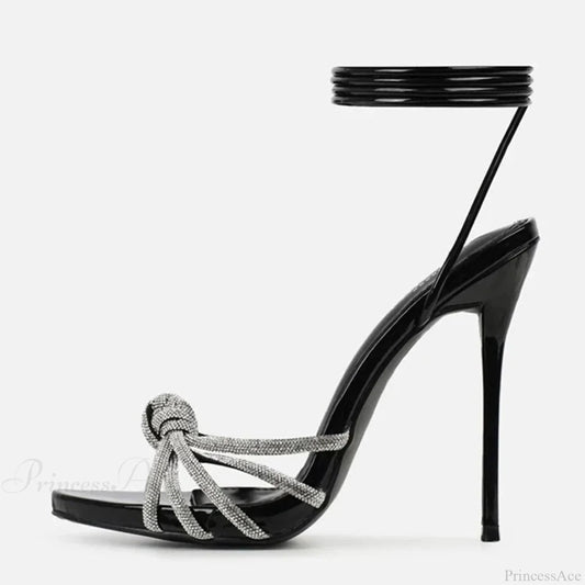 Silver Crystal Narrow-Band Sandals Summer Party Wedding Prom Open-Toe High Heels Women Heel Black /