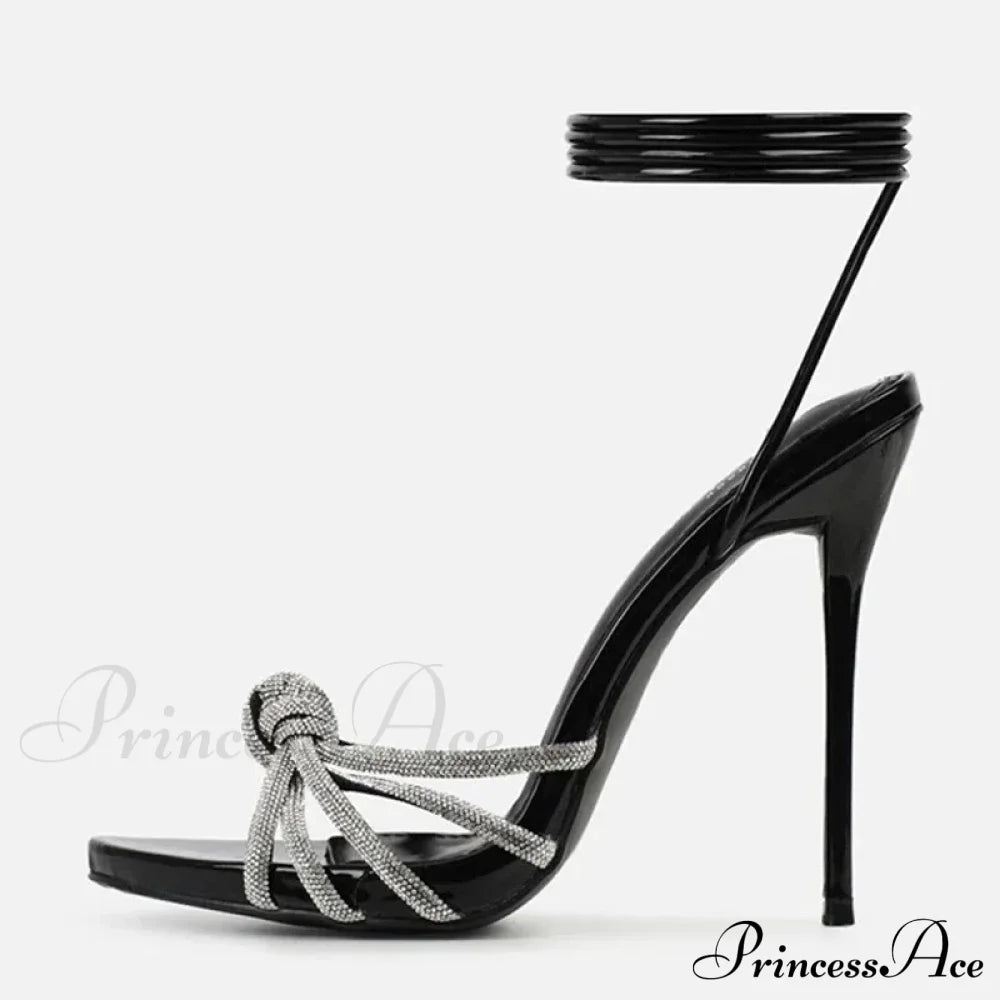 Silver Crystal Narrow-Band Sandals Summer Party Wedding Prom Open-Toe High Heels Women Heel Black /