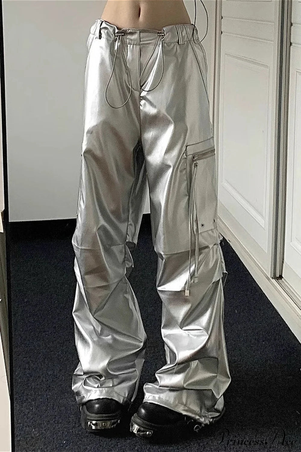 Silver Cuffed High Waist Cargo Pants White / S