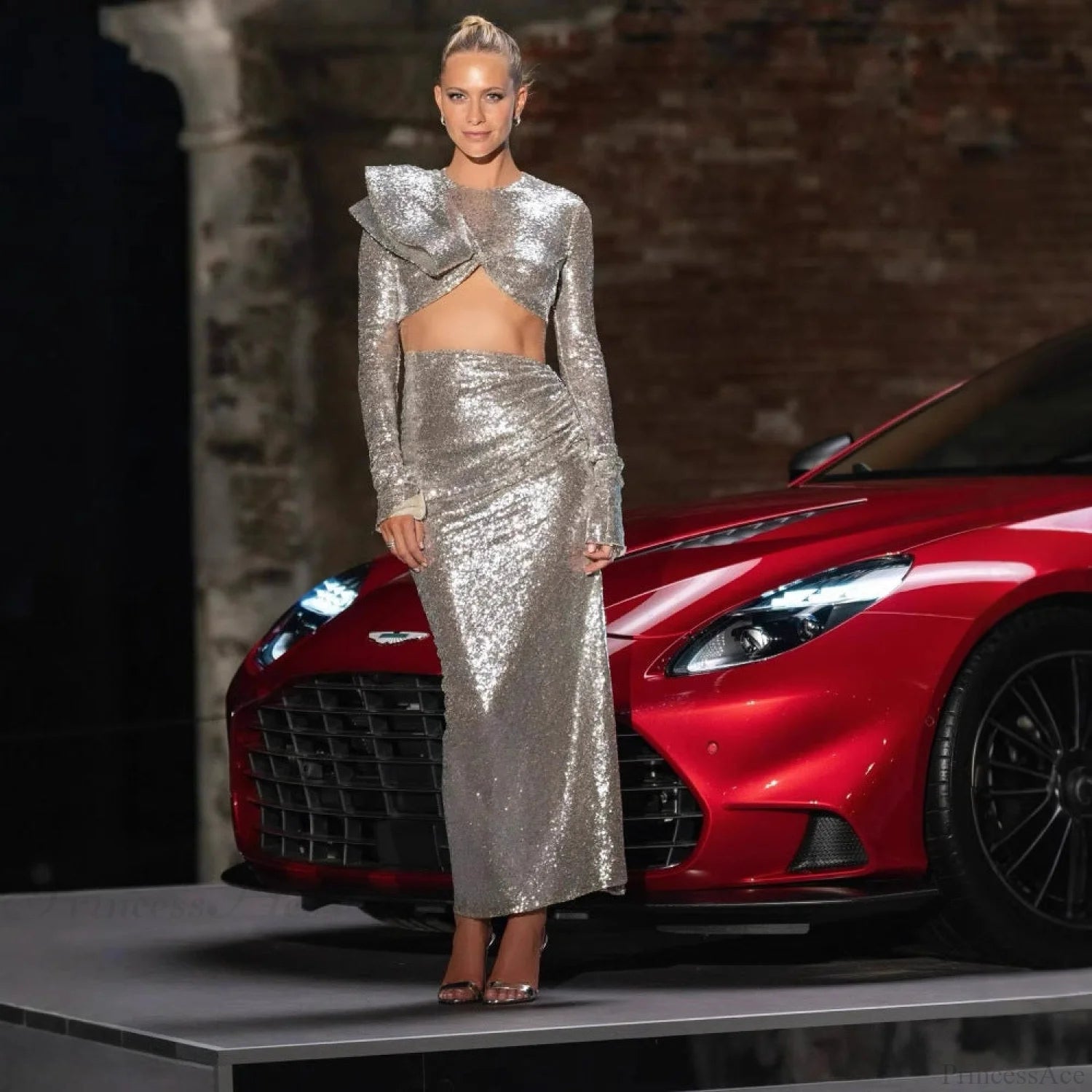 Silver Rhinestone Mesh Slit Prom Dress promdress-250223