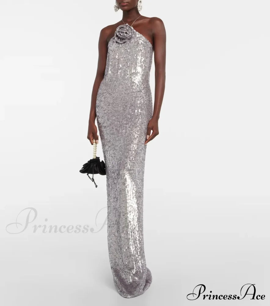 Silver Sequin Backless Evening Party Dress Partydress-241208