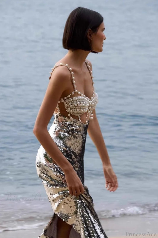 Silver Sequin Sexy Halter Backless Wedding Dress