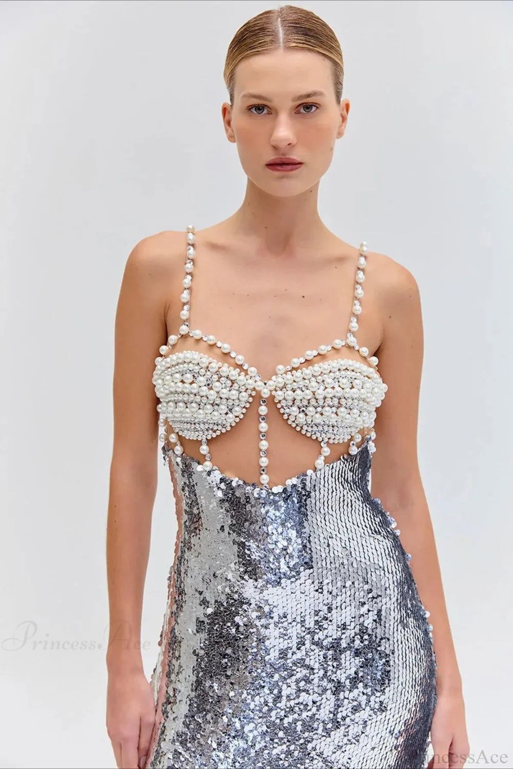 Silver Sequin Sexy Halter Backless Wedding Dress