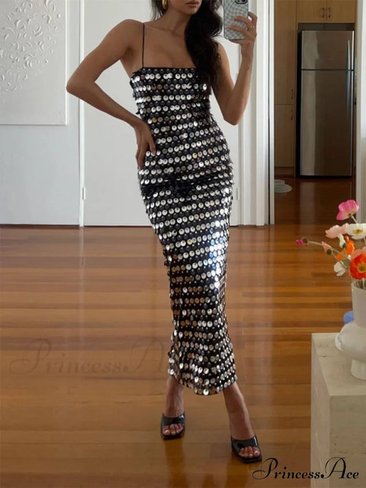 Silver Sequin Stylish Strap Midi Dress / S Dresses