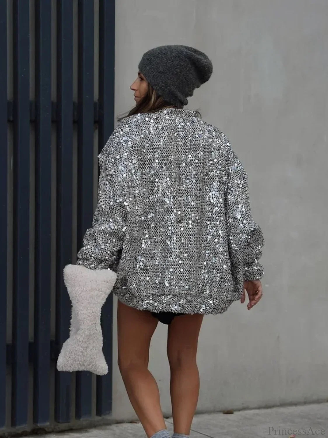 Silver Sequins Patchwork Bomber Coat