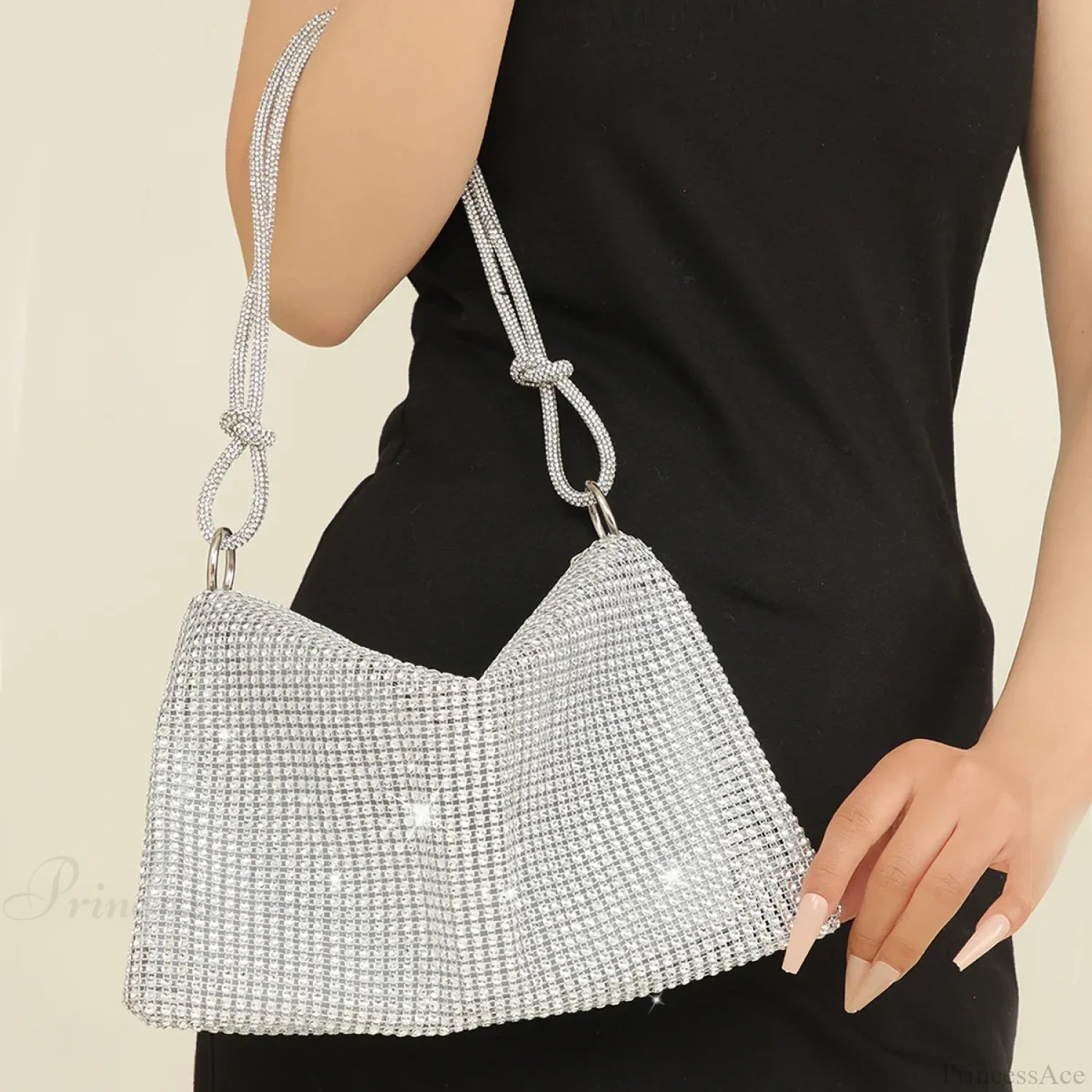 Silver Shiny Rhinestone Underarm Evening Clutch Bag Silver clutchbag-250126