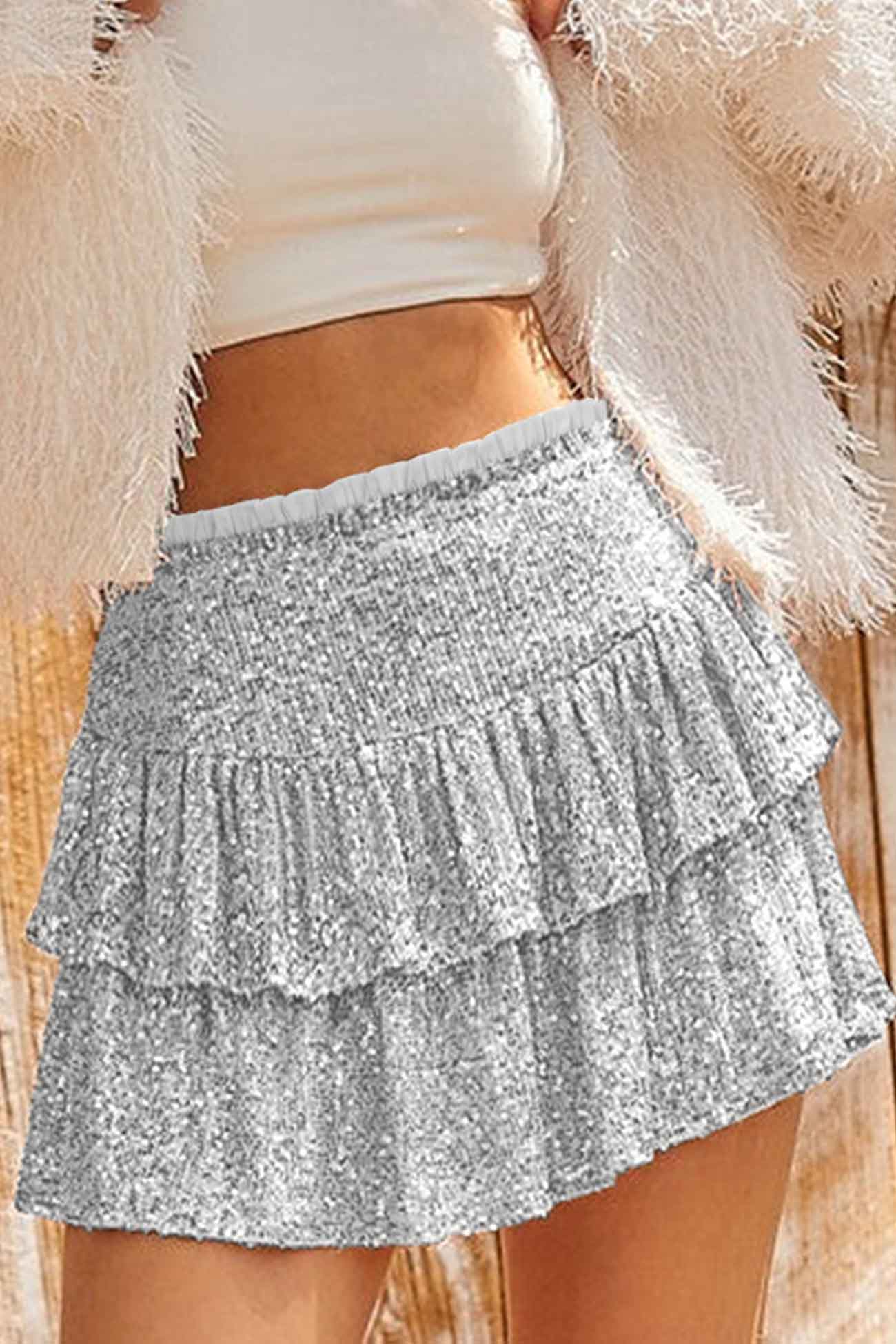 Mini Tiered Sequined Folded Skirt