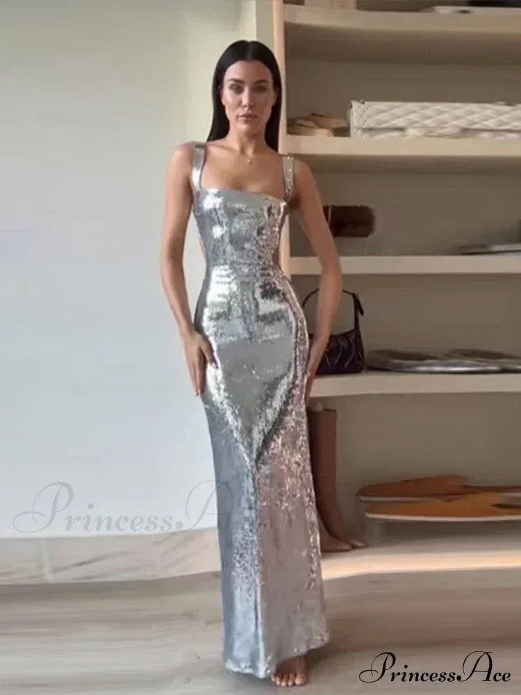 Silvery Backless Maxi Party Dress Partydress-241208