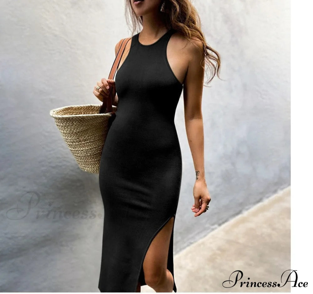 Simple And Sexy Charming High-Slit Midi Dress Black / S Casual Dresses