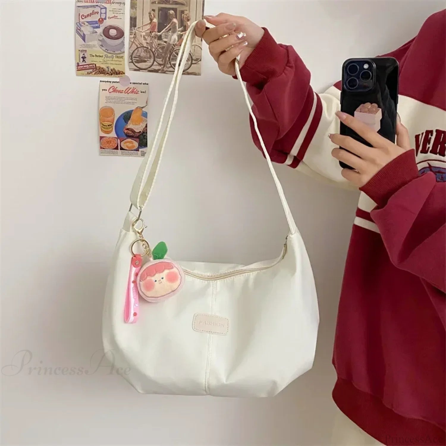 Simple College Style Nylon Large Crossbody White / No plush pendant crossbody-250126