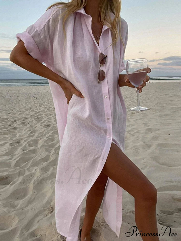 Simple Concept Stylish Maxi Shirt Dress Pink / S Dresses