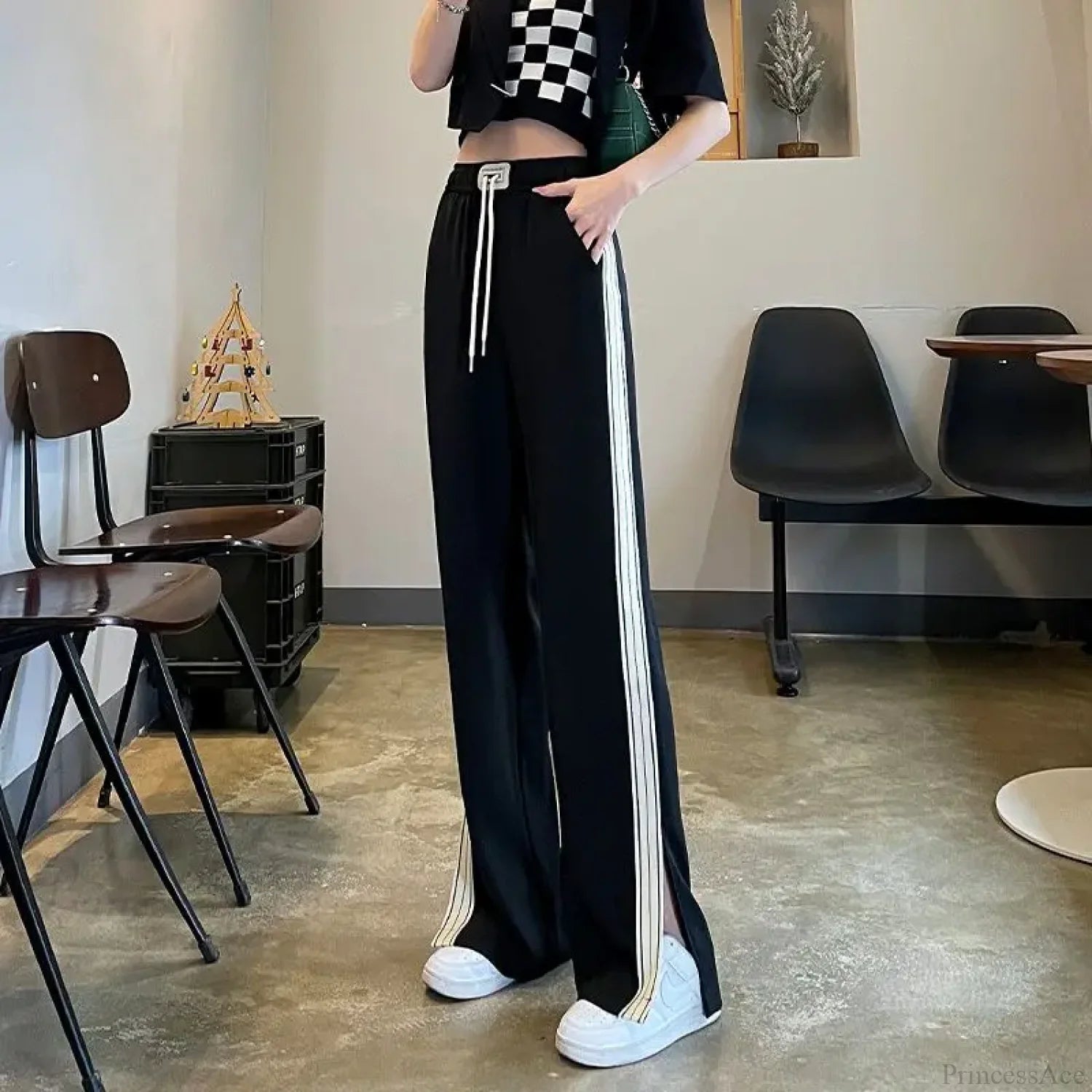 Simple Loose Wide Leg Elastic Pants Black / S (40-45KG)