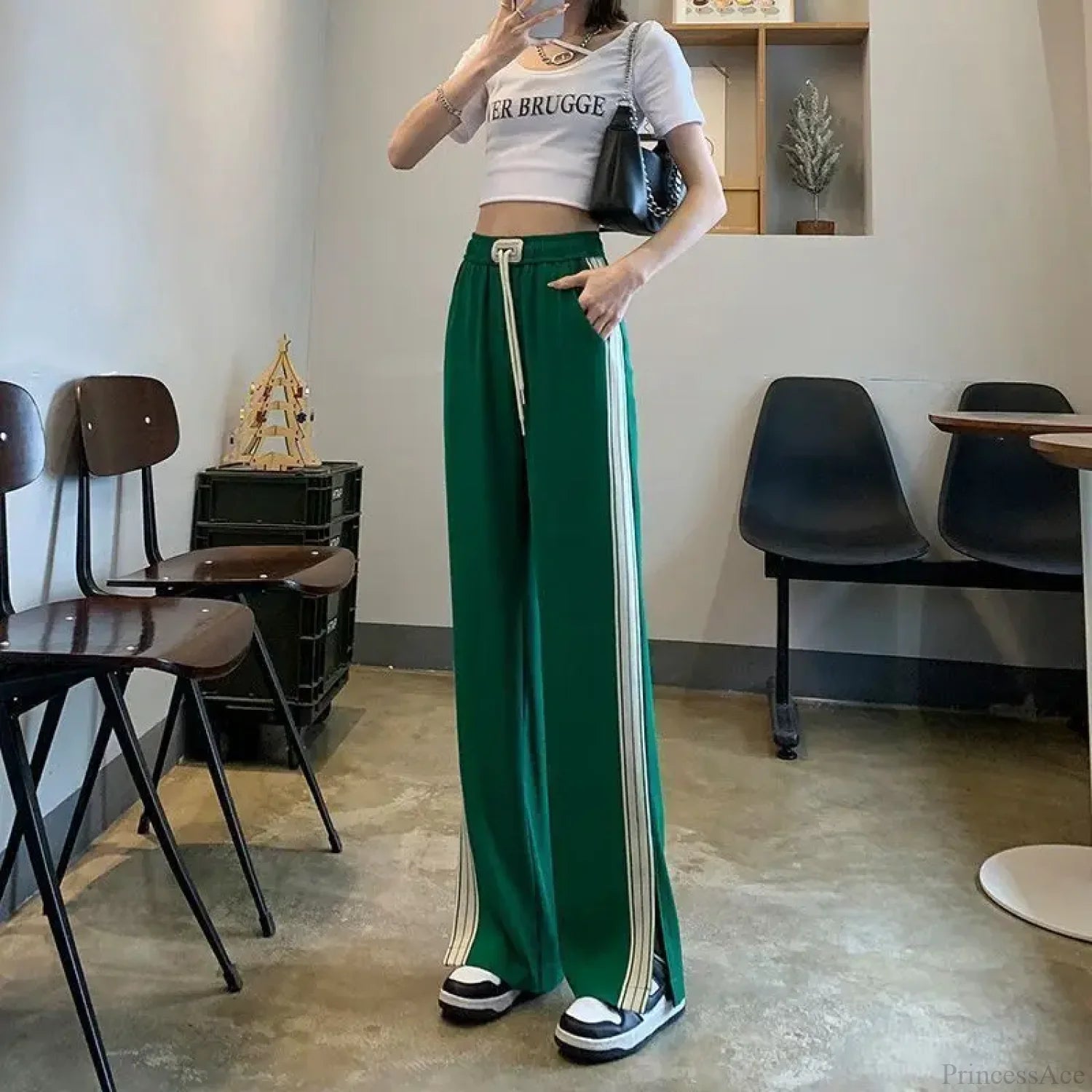 Simple Loose Wide Leg Elastic Pants Green / S (40-45KG)