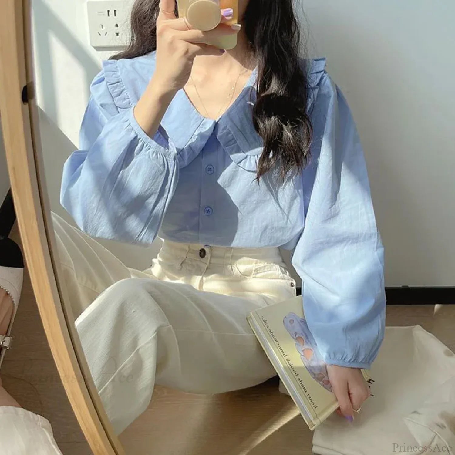 Simple Ruffles Single Breasted White Blouse Blue / S blouse-250223