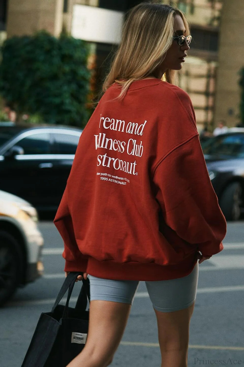 Simple Solid Color Letter Print Crew Loose Sweatshirts Red / S