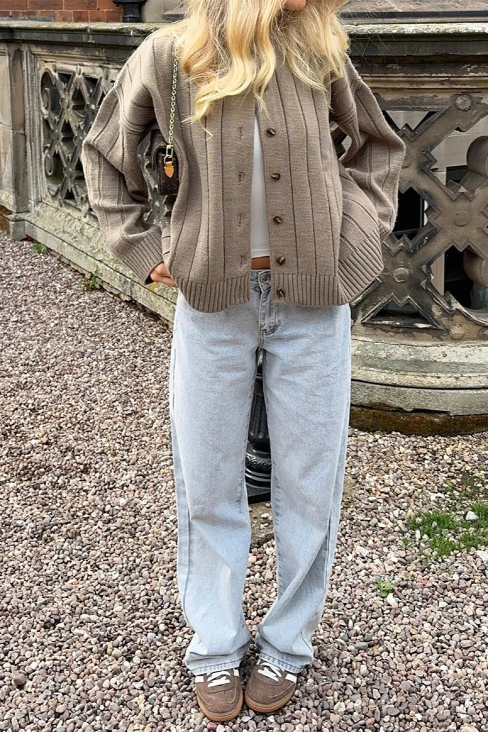 Simple Solid Rib Crewneck Oversized Cardigan Sweater