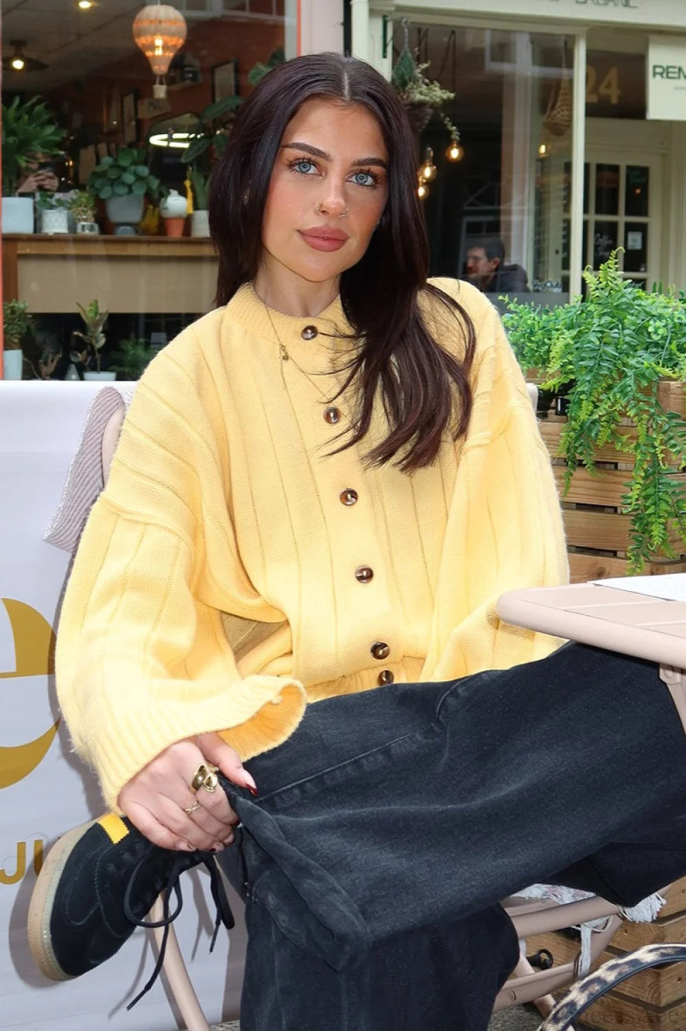 Simple Solid Rib Crewneck Oversized Cardigan Sweater Yellow / S