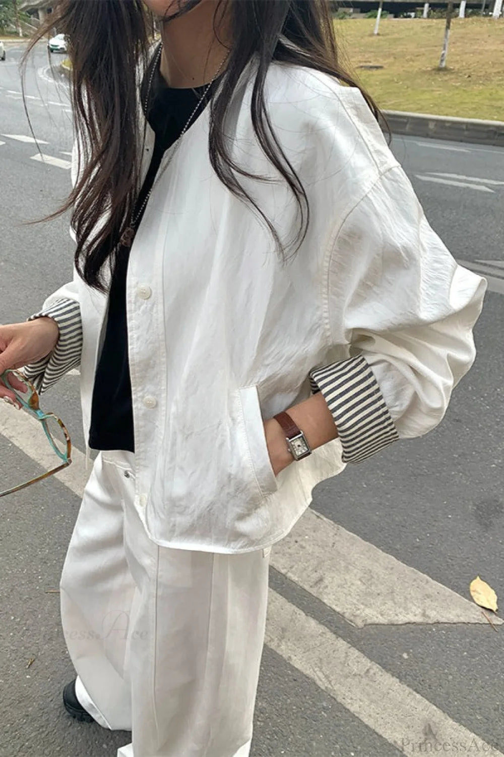 Simple Striped Sleeve Patchwork Casual Jacket White / one size fits all