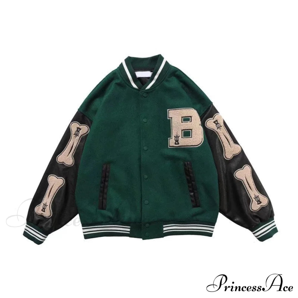 Simple Unisex Baseball Colleage Jacket Green / M