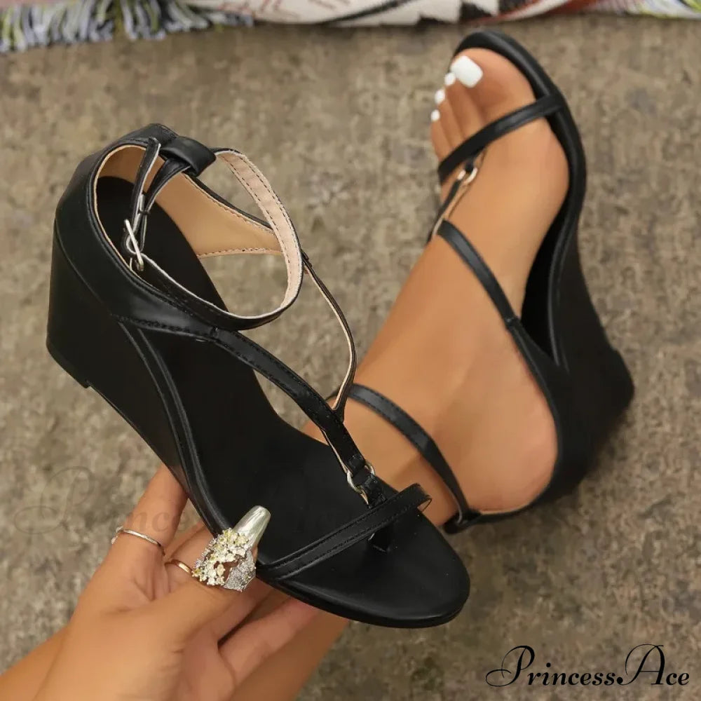 Simple Versatile Black High Heel Summer Fashion Plus Size Wedge Low Pump