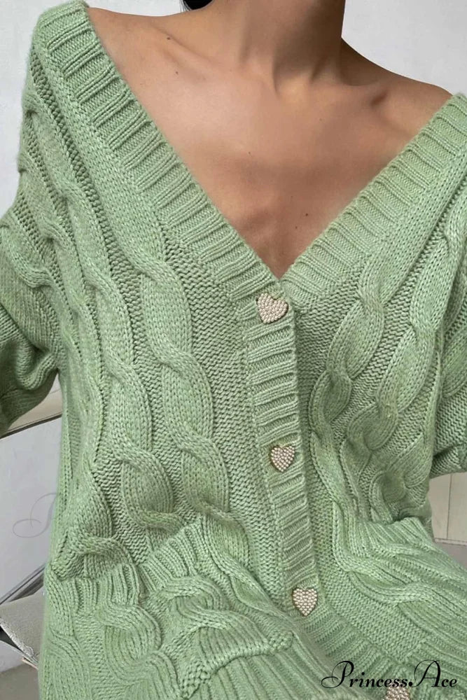 Single-Breasted Knit Cable Cardigan Green / L Cardigans