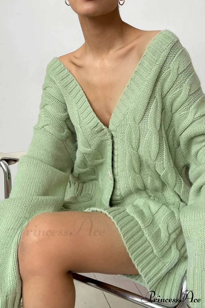 Single-Breasted Knit Cable Cardigan Green / M Cardigans