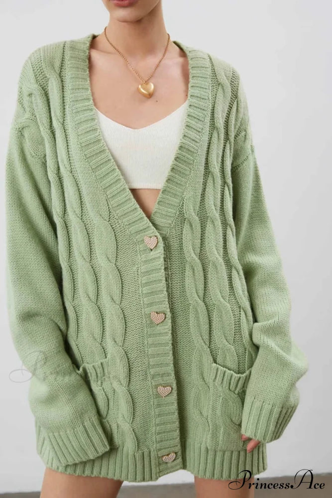 Single-Breasted Knit Cable Cardigan Green / S Cardigans