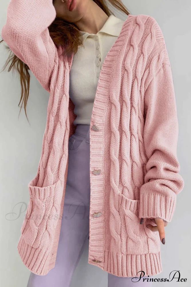 Single-Breasted Knit Cable Cardigan Pink / S Cardigans